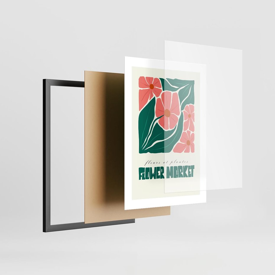 Plakat w ramie 30x40 - Retro Inspiracja - minimalistyczna kwiatowa kompozycja, pastelowe kolory - rama czarna