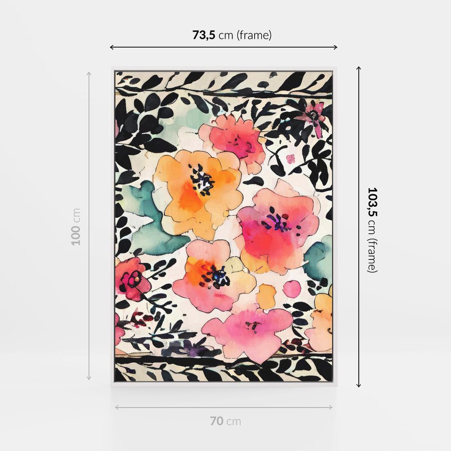 Obraz w ramie 70x100 - Opowieść w kroplach farb - akwarelowe kwiaty, mocna ornamentowa czarna ramka namalowana dookoła obrazu - rama biała