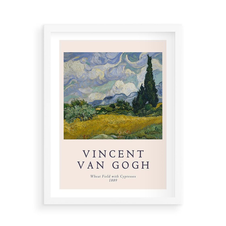Plakat w ramie 50x70 - Pole z Cyprysami - reprodukcja obrazu, van gogh - rama biała