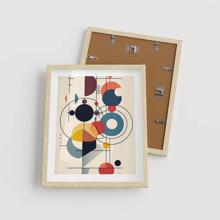 Plakat w ramie 40x50 - Rozbijające Barwne Granice - abstrakcyjna geometryczna kompozycja, koła linie - rama drewno