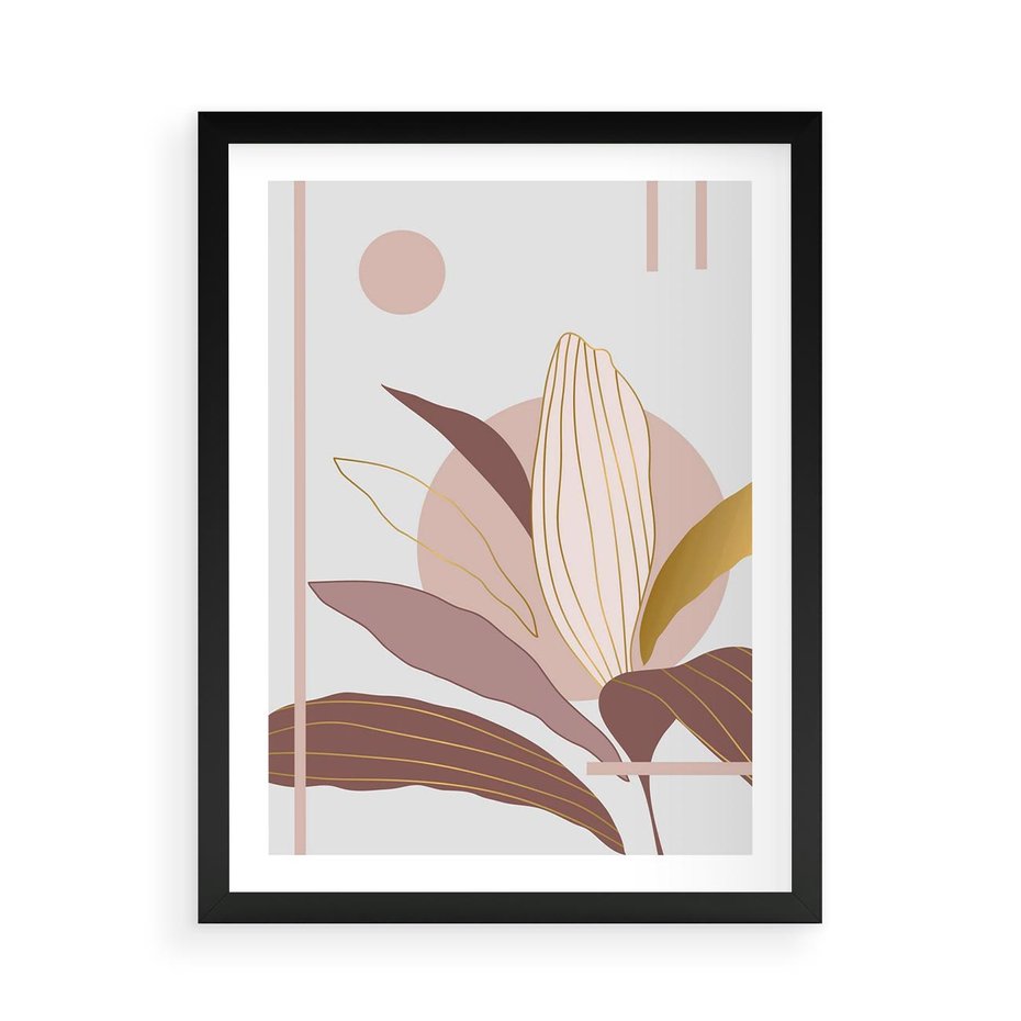 Plakat w ramie 50x70 - Pastelowa Uroda Natury: Kwiat z Złotymi Akcentami - pastelowa grafika, kwiat - rama czarna
