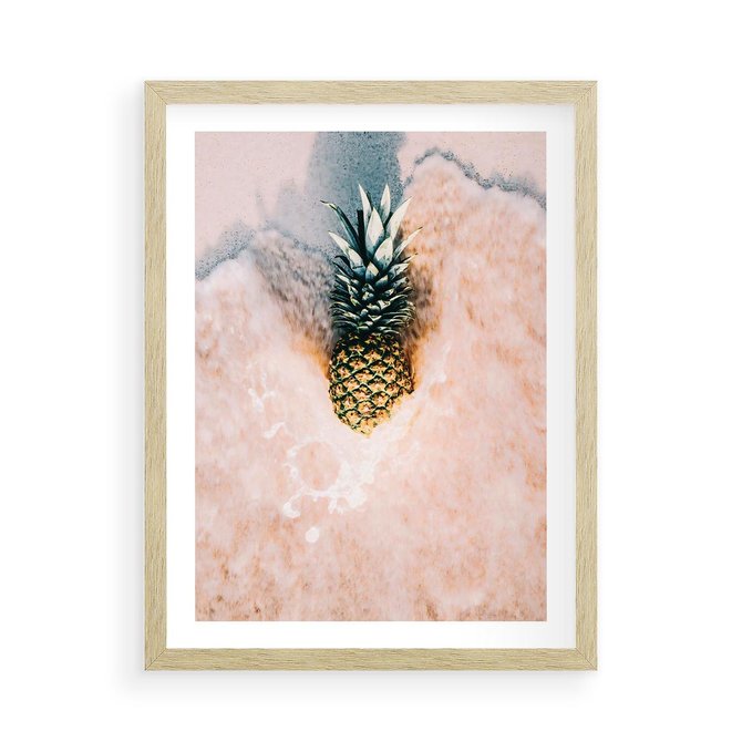 Plakat w ramie 50x70 - Egzotyczna Plaża - ananas, na plaży - rama drewno