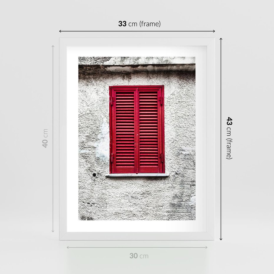 Plakat w ramie 30x40 - Okno z Czerwonymi Okiennicami - stare okno, kamienica - rama biała