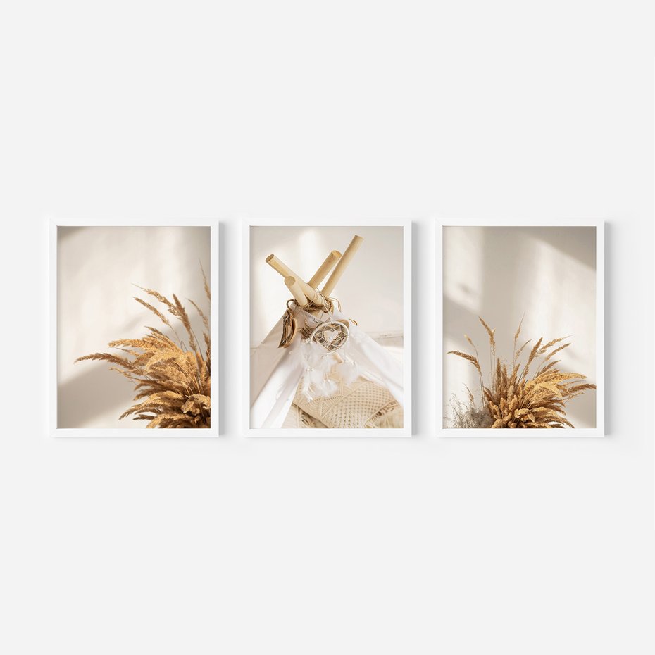 Zestaw obrazy w ramie 50x70 galeria - Boho, pampas, łapacz, snów - rama biała