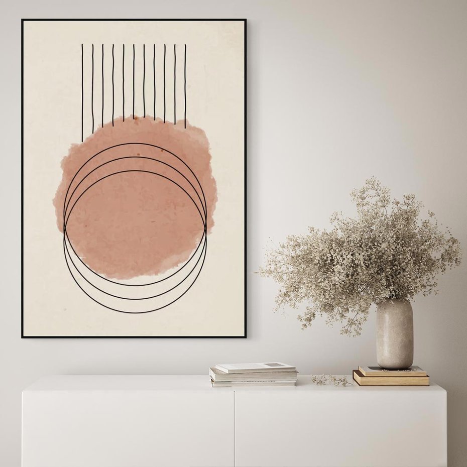 Obraz w ramie 50x70 - Migotliwe Kontury - akwarelowa plama, geometryczne szkicowane kształty - rama czarna