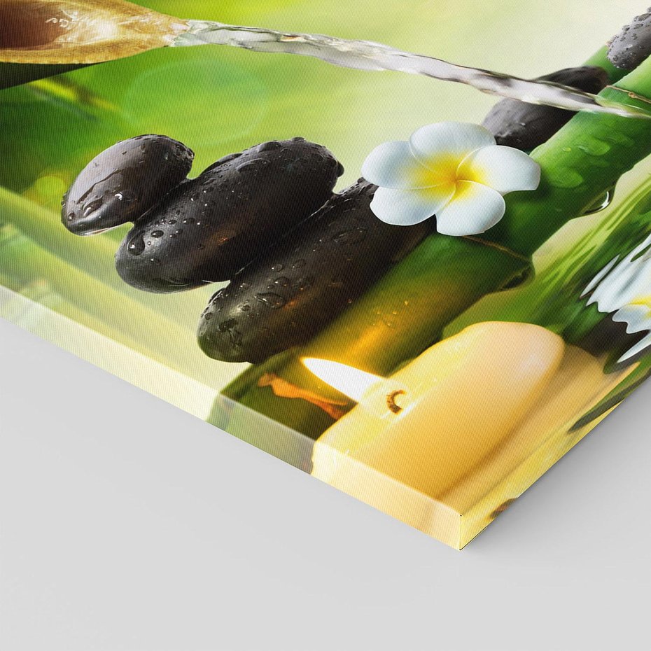 Obraz na płótnie 70x50 - Harmonia natury: Bambus, woda, kamienie - bambus, woda