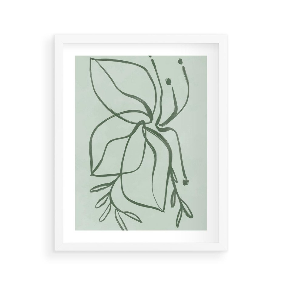 Plakat w ramie 40x50 - Energetyczne Odrodzenie Natury - abstrakcyjne delikatne zielone linie, podobne do gałęzi kwiatów - rama biała