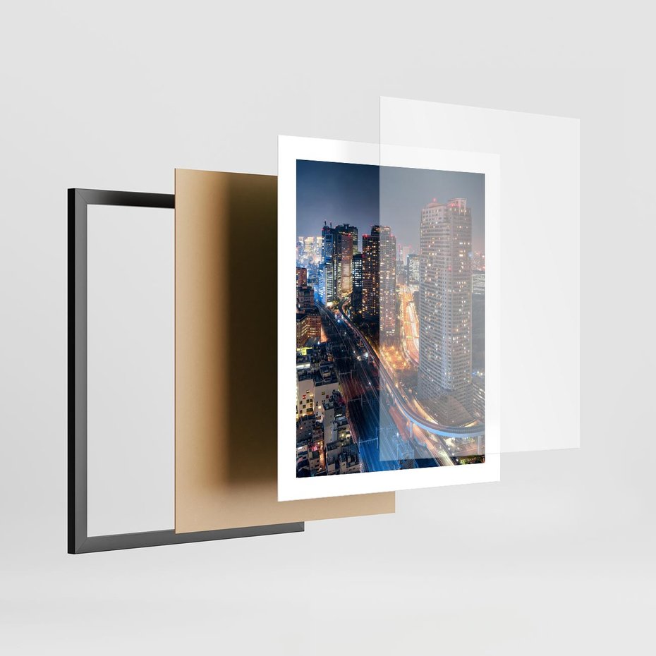 Plakat w ramie 40x50 - Miasto nocą z wieżowcami w tle - miasto, nocą - rama czarna