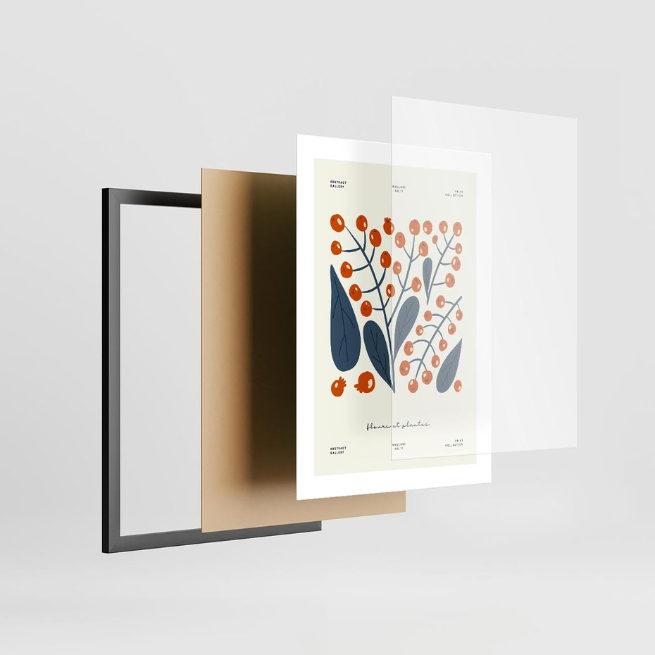 Plakat w ramie 30x40 - Minimalistyczna Uroda Jarzębin - jarzębiny, niebieskie liście - rama czarna