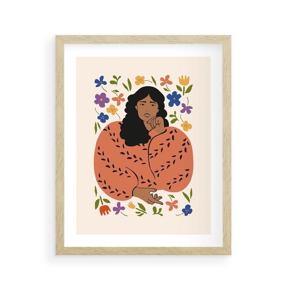 Plakat w ramie 40x50 - Rozplątane Emocje - nowoczesny plakat, kobieta otoczona kwiatami - rama drewno