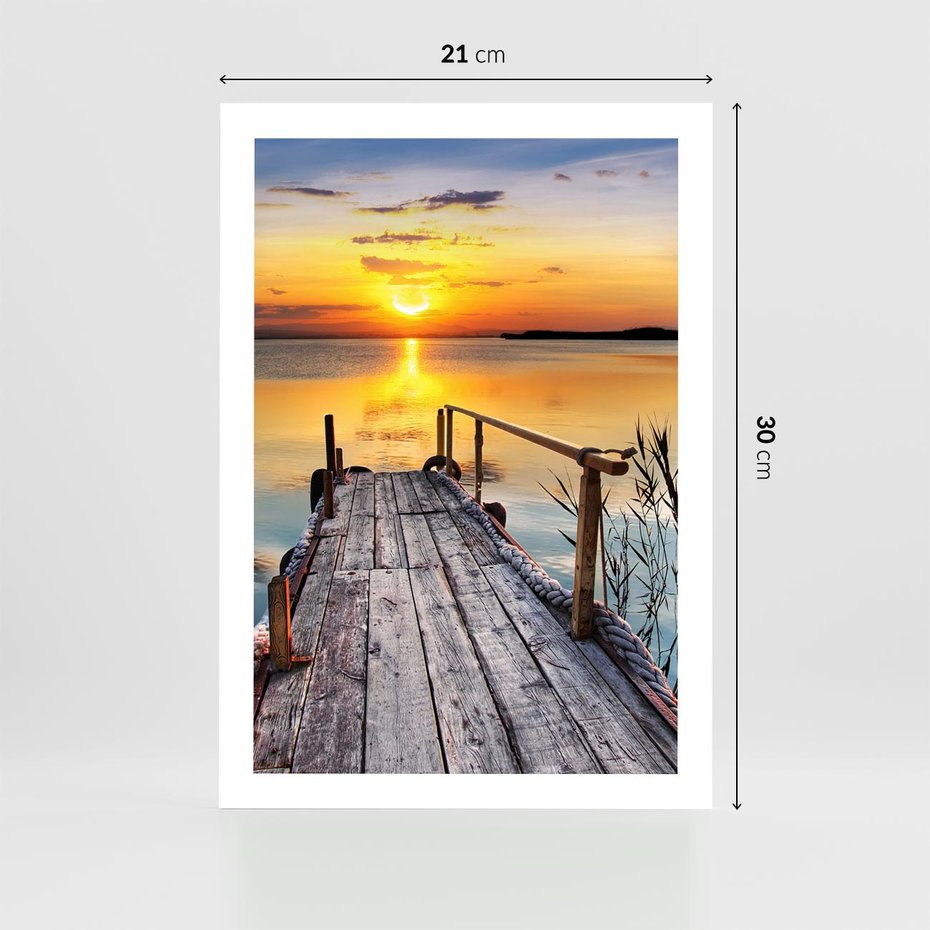 Plakat bez ramy 21x30 - Zachód nad jeziorem z pomostem - pomost, jezioro