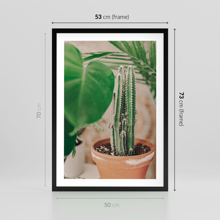 Plakat w ramie 50x70 - Boho Urok - kaktus w doniczce, gliniana doniczka - rama czarna