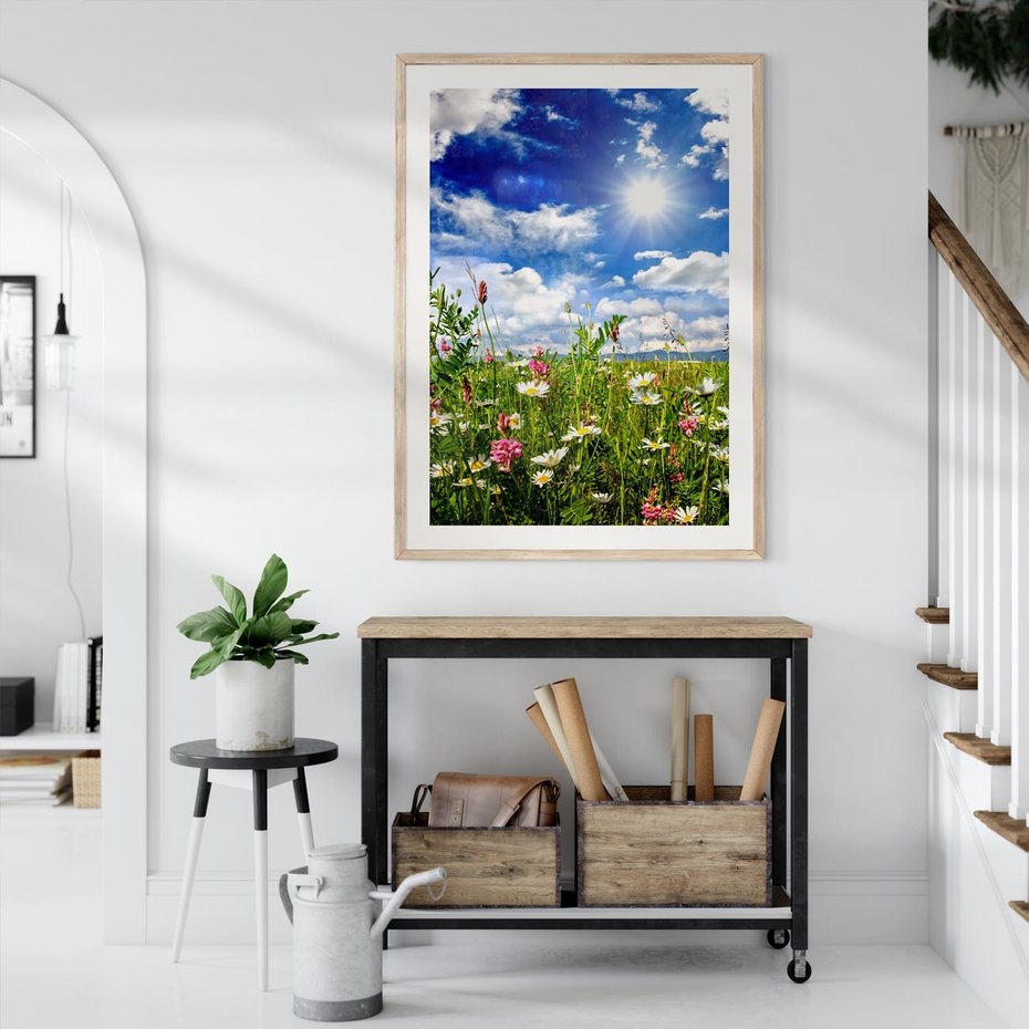 Plakat w ramie 50x70 - Niebiańska łąka pełna kwiatów - łąka, niebo - rama drewno