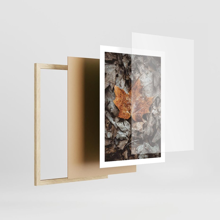 Plakat w ramie 50x70 - Jesienne Czarowanie - suchy liść, żółty - rama drewno