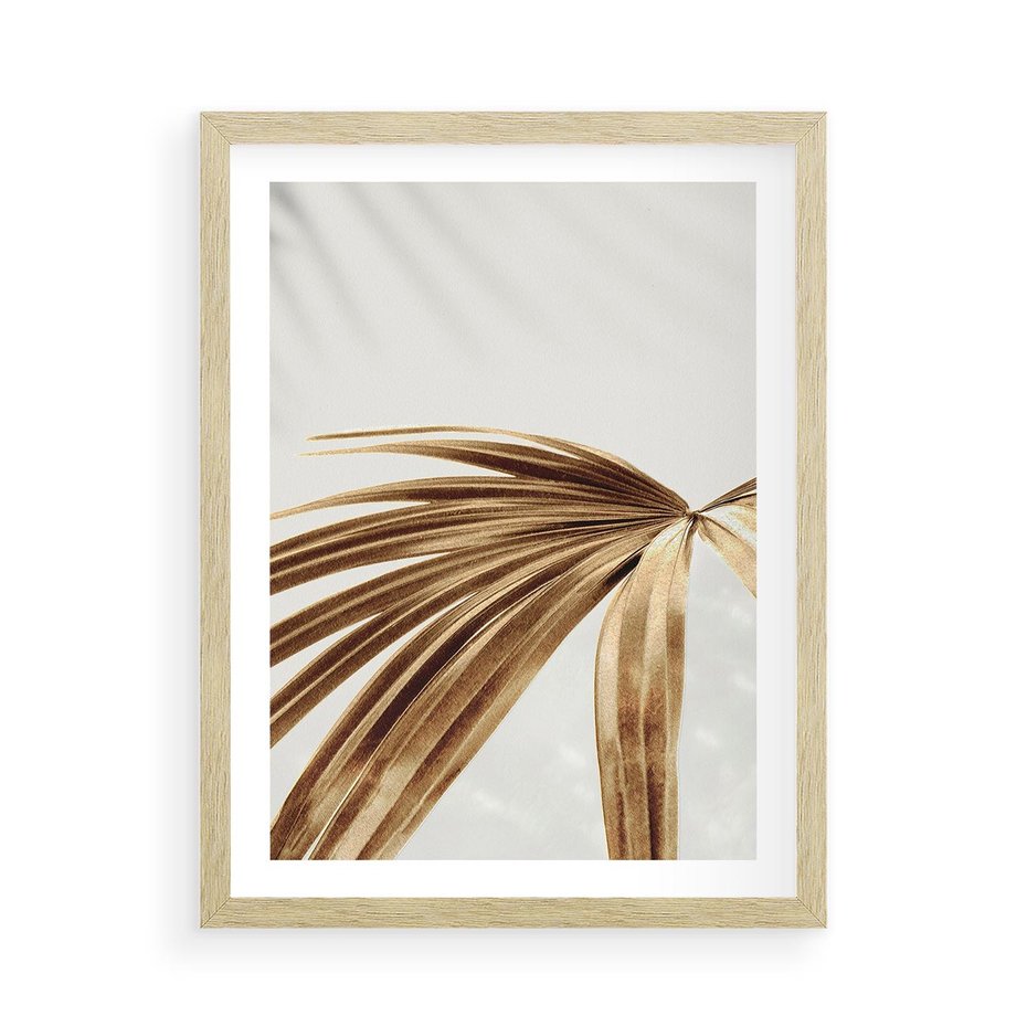Plakat w ramie 50x70 - Egzotyczny Blask - złote, liście - rama drewno