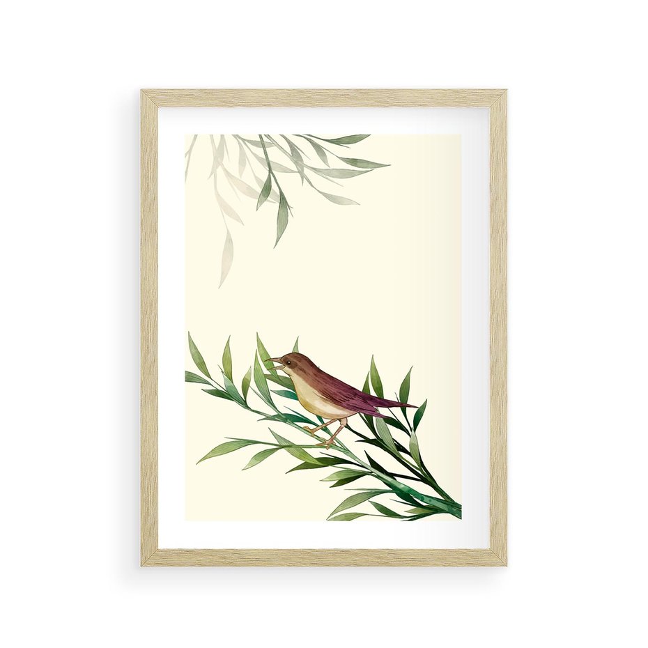 Plakat w ramie 30x40 - Roślinne Nastroje - japońska sztuka, ptak - rama drewno