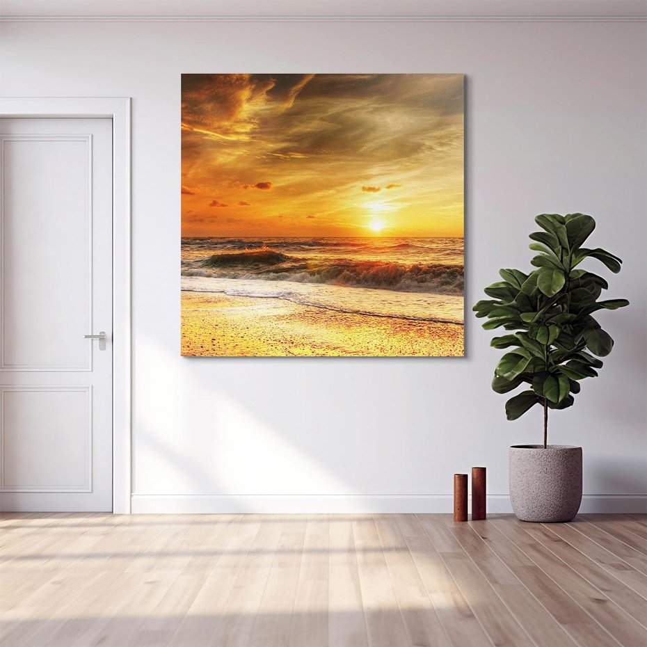 Obraz na płótnie 60x60 - Plaża Morza i Fale Zachodu Słońca - plaża, morze