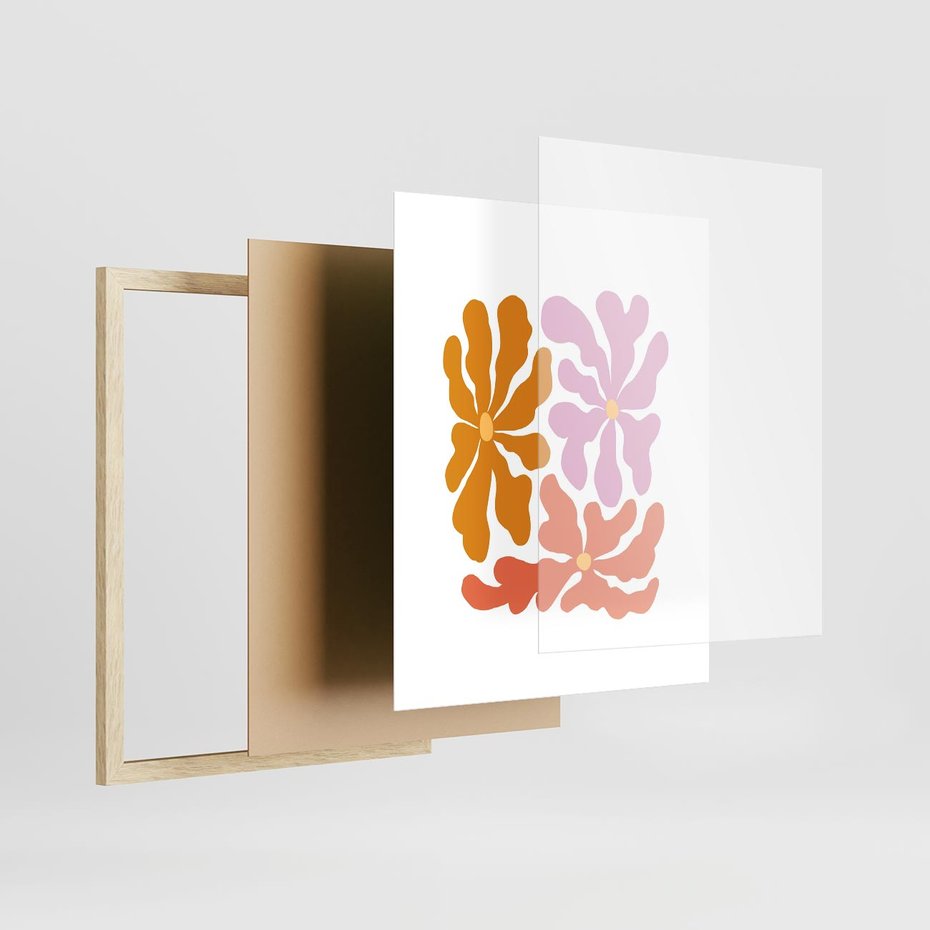 Plakat w ramie 40x50 - Rozbijające Refleksje - abstrakcyjne kolorowe kwiaty, minimlizm - rama drewno