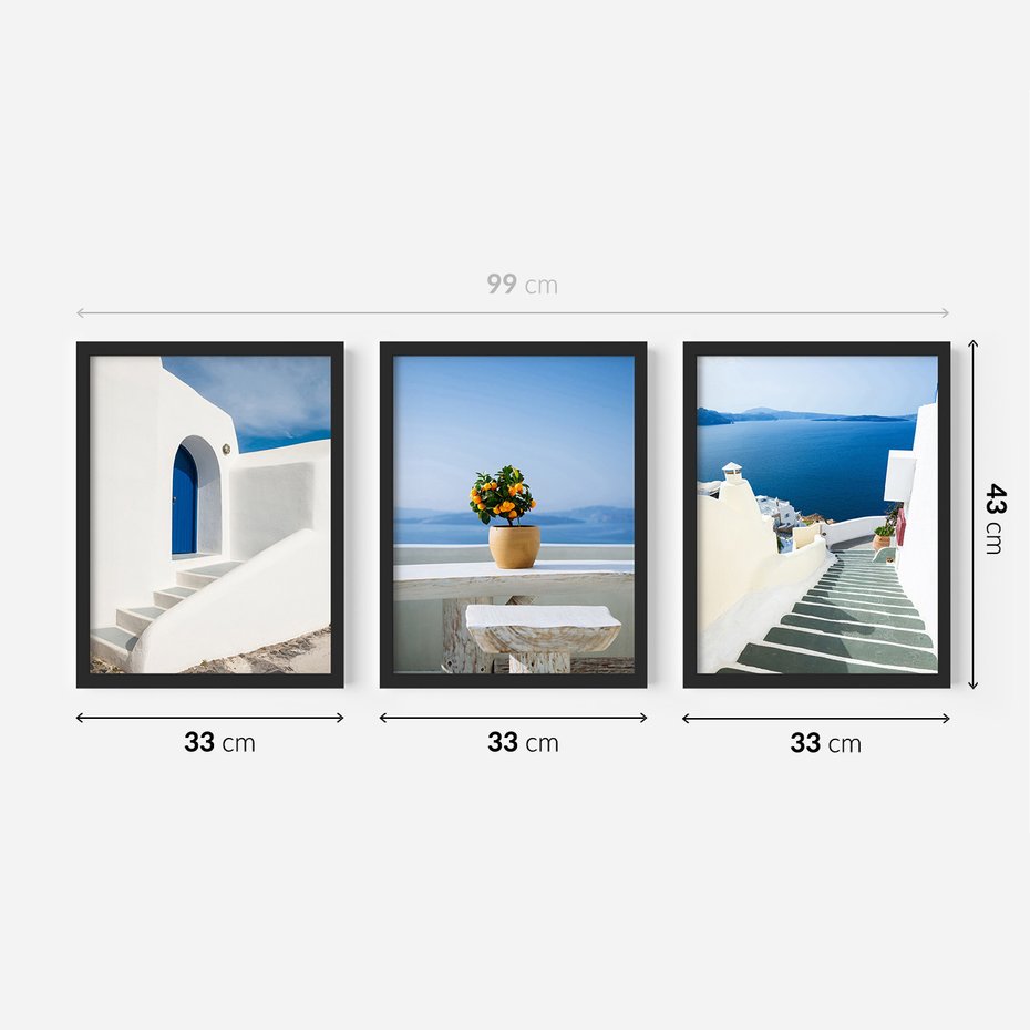 Zestaw obrazy w ramie 30x40 galeria - Santorini, morze, białe, domki - rama czarna