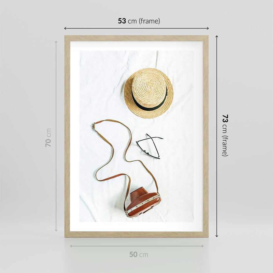 Plakat w ramie 50x70 - Artystyczna Dusza - boho kompozycja, kapelusz słomkowy - rama drewno