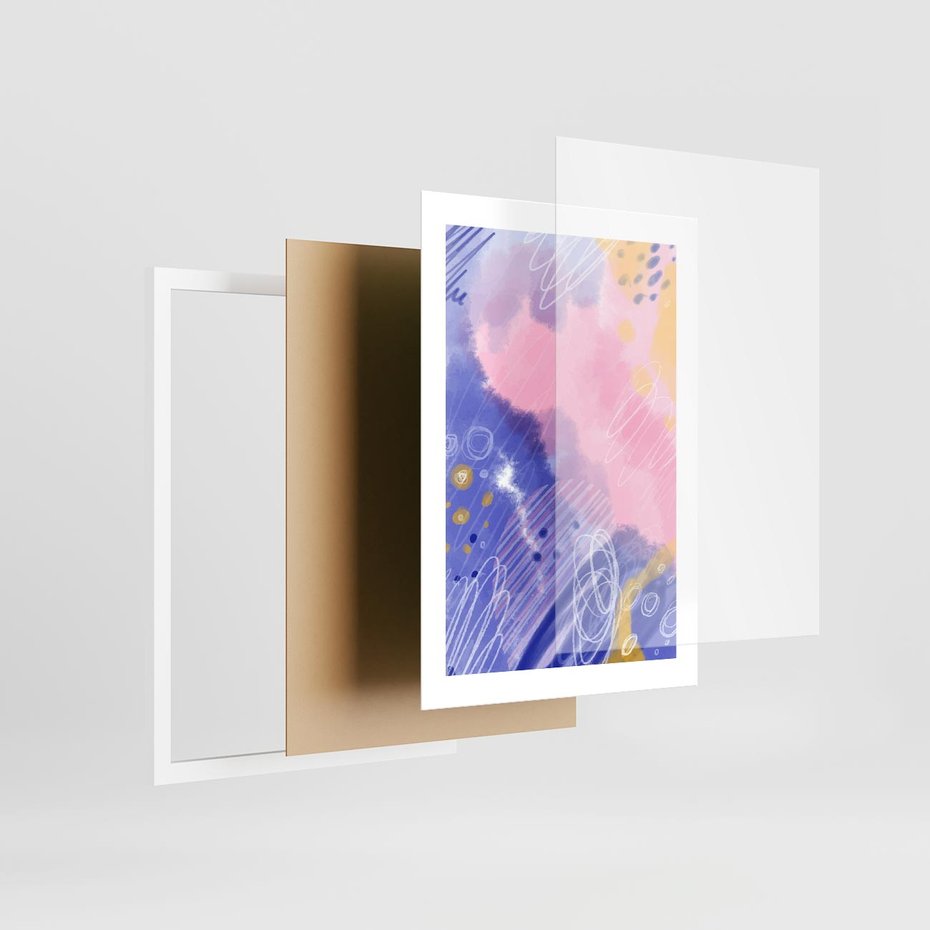 Plakat w ramie 30x40 - Migocące Granice Kształtów - abstrakcyjny plakat, pastelowe kolory - rama biała