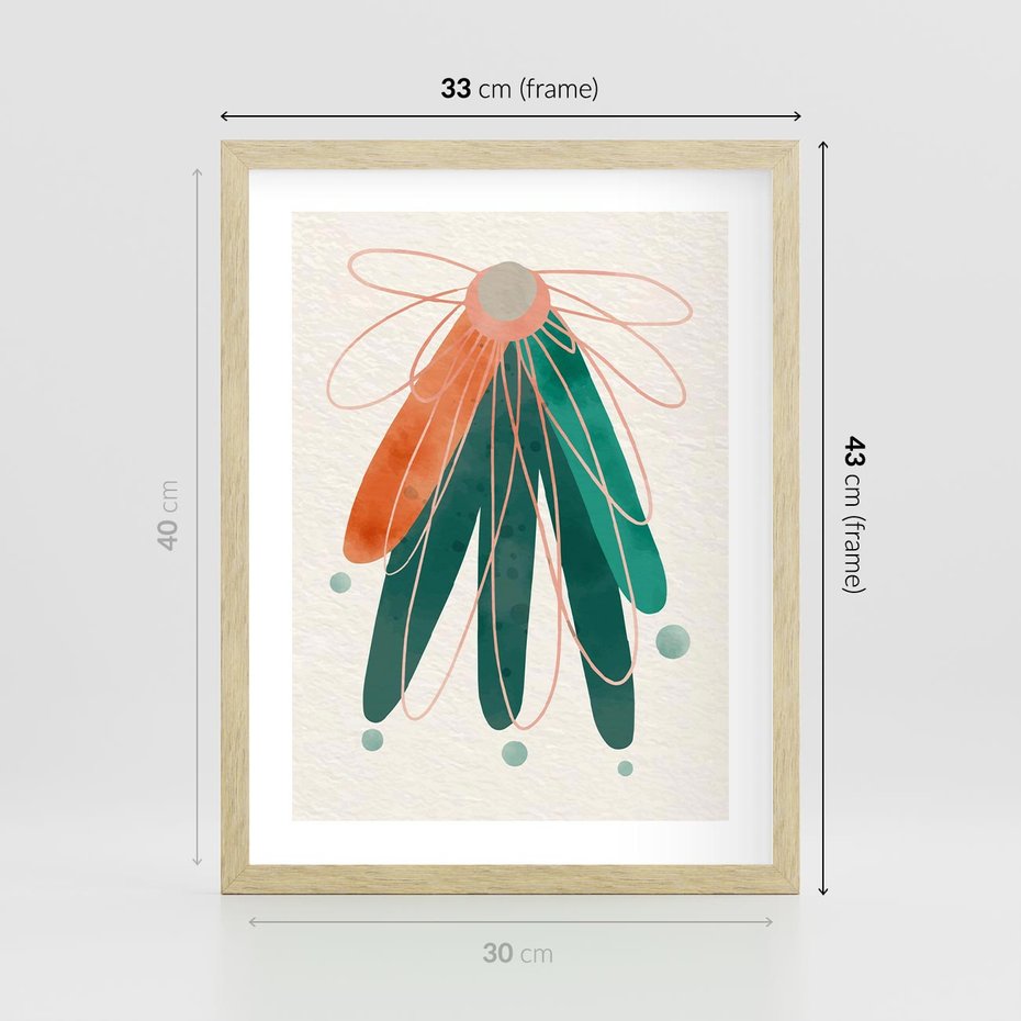 Plakat w ramie 30x40 - Energetyczna Harmonia Kwiatów - akwarelowe abstrakcyjne kształty, zieleń i pomarańcz - rama drewno