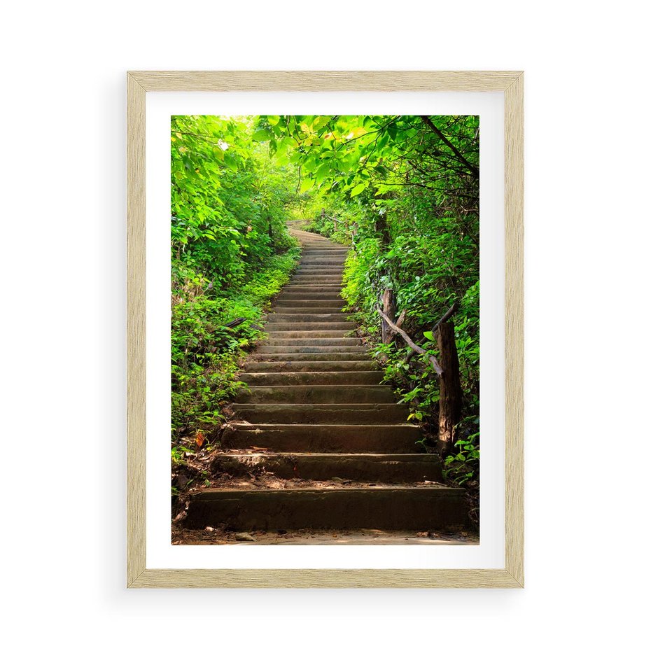 Plakat w ramie 50x70 - Lasowa ścieżka pełna tajemnic - ścieżka, schody - rama drewno