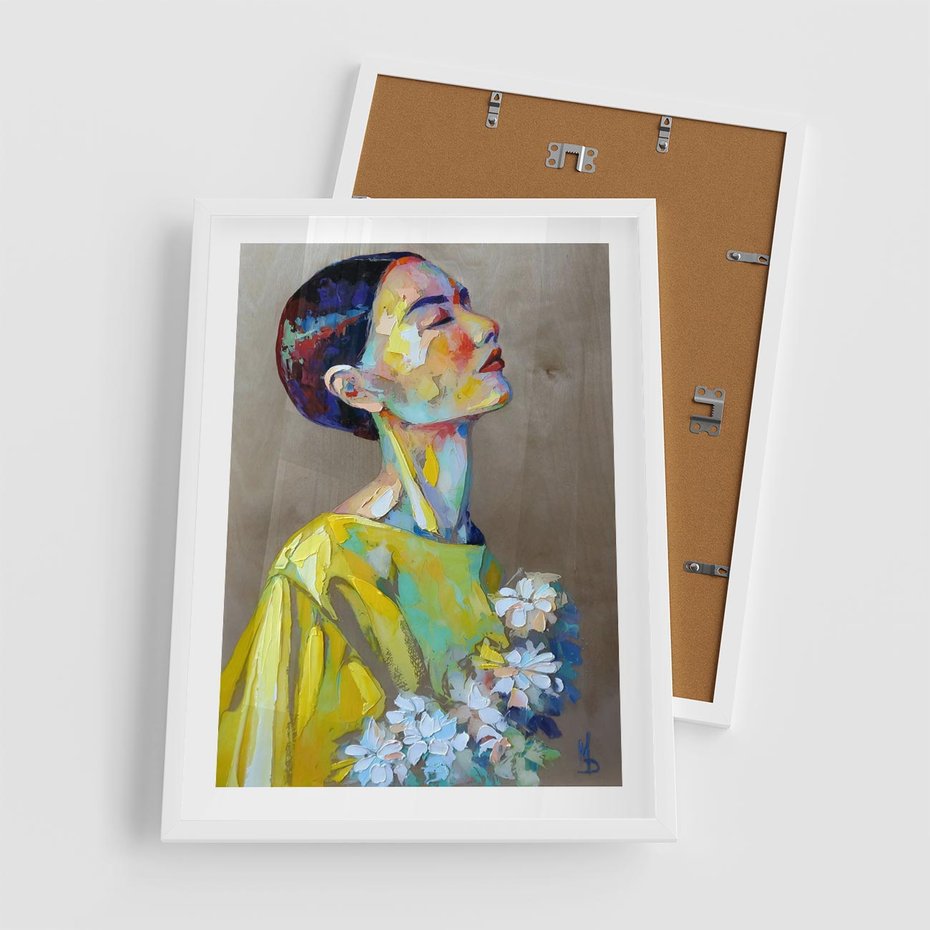 Plakat w ramie 50x70 - W Żółtej Sukience - olejny abstrakcyjny obraz, portret kobiety w żółtej sukience - rama biała
