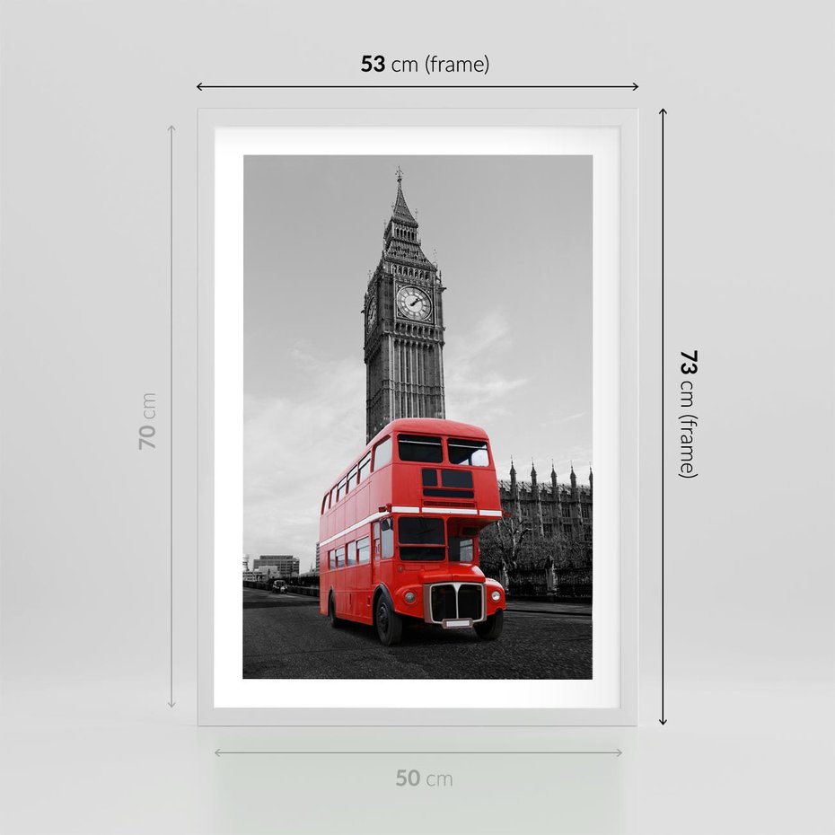 Plakat w ramie 50x70 - Autobusy w tętniącym życiem Londynie - Londyn, autobus - rama biała