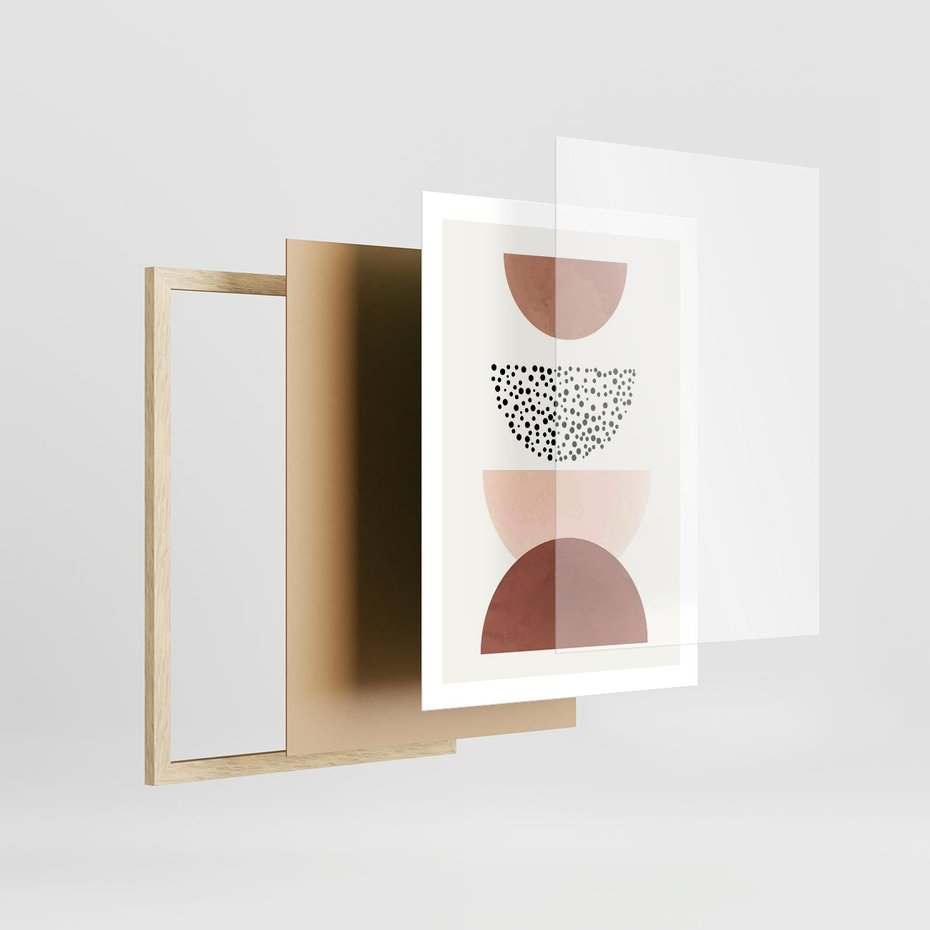 Plakat w ramie 50x70 - Geometryczna Harmonia w Brązach i Beżach - geometryczne kształty, brązy i beże - rama drewno