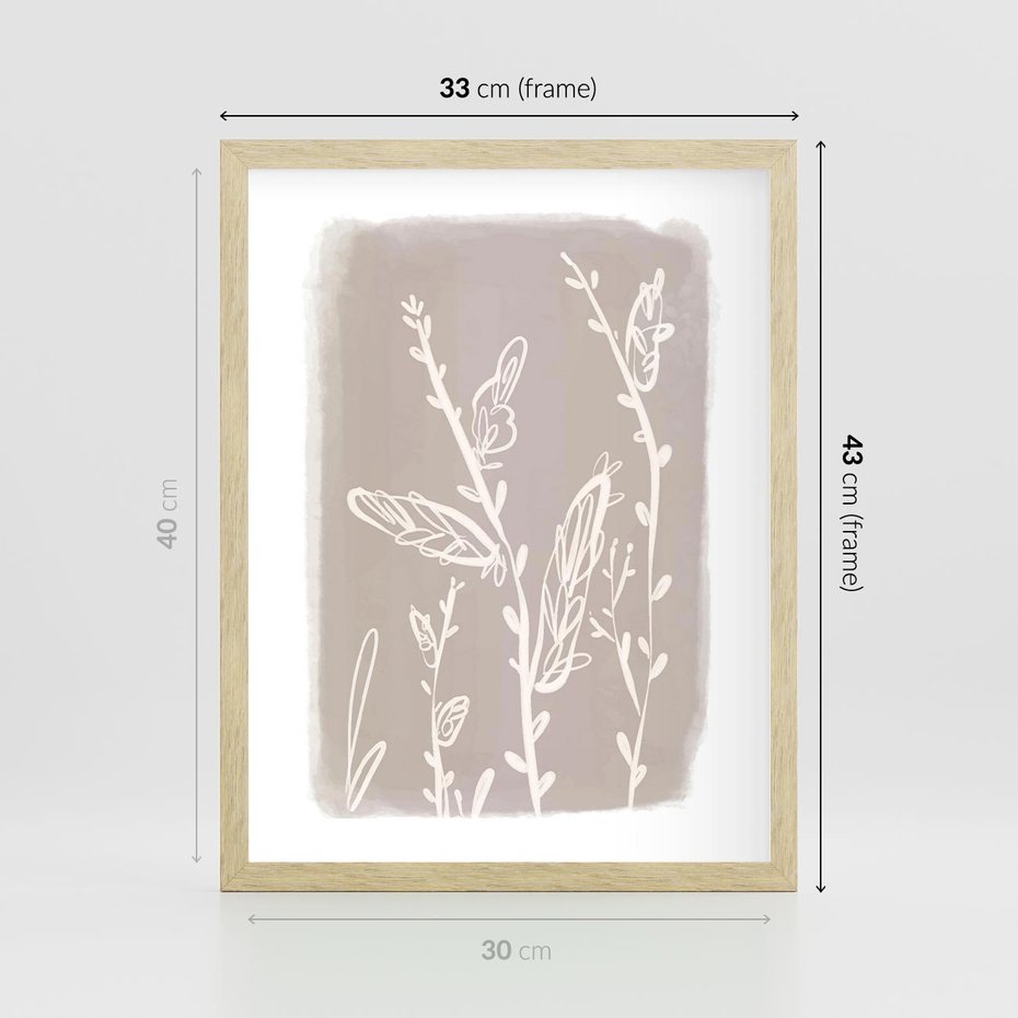 Plakat w ramie 30x40 - Roślinne Przeniknięcia - nowoczesny subtelny plakat, beżowy - rama drewno