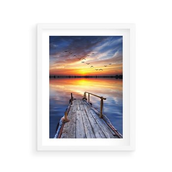 Plakat w ramie 40x50 - Zachód słońca na pomostcie - pomost, zachód - rama biała