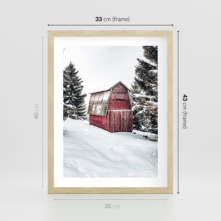 Plakat w ramie 30x40 - Domek w Śnieżnych Górach - domek, góry - rama drewno