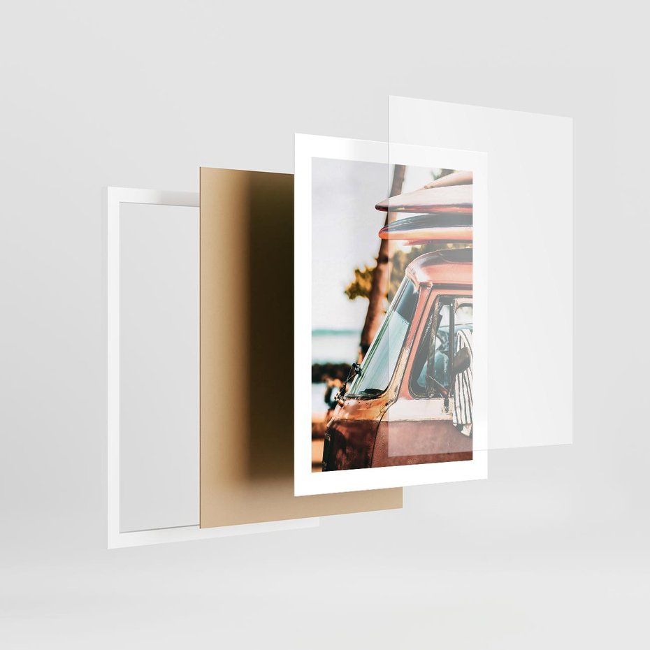 Plakat w ramie 30x40 - Surfingowa Wolność - samochód, stary van - rama biała