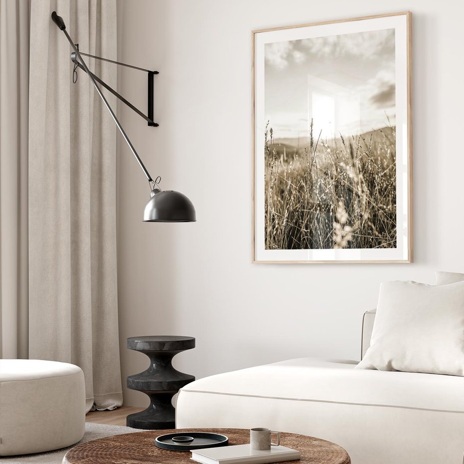 Plakat w ramie 30x40 - Łąka w Klimacie Sepii - suche trawy, łąka - rama drewno