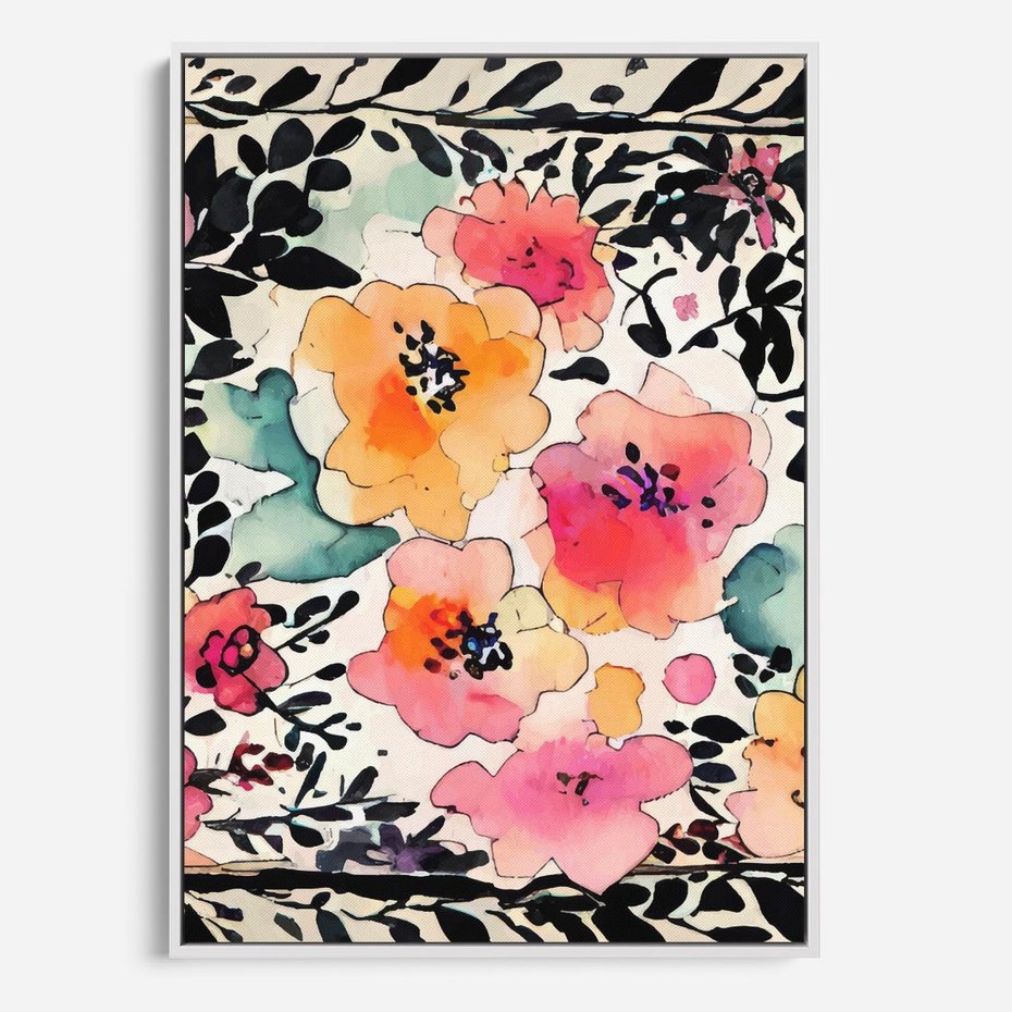 Obraz w ramie 50x70 - Opowieść w kroplach farb - akwarelowe kwiaty, mocna ornamentowa czarna ramka namalowana dookoła obrazu - rama biała