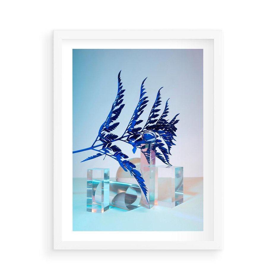 Plakat w ramie 50x70 - Intensywny Kolor Natury - liście, kobalt - rama biała