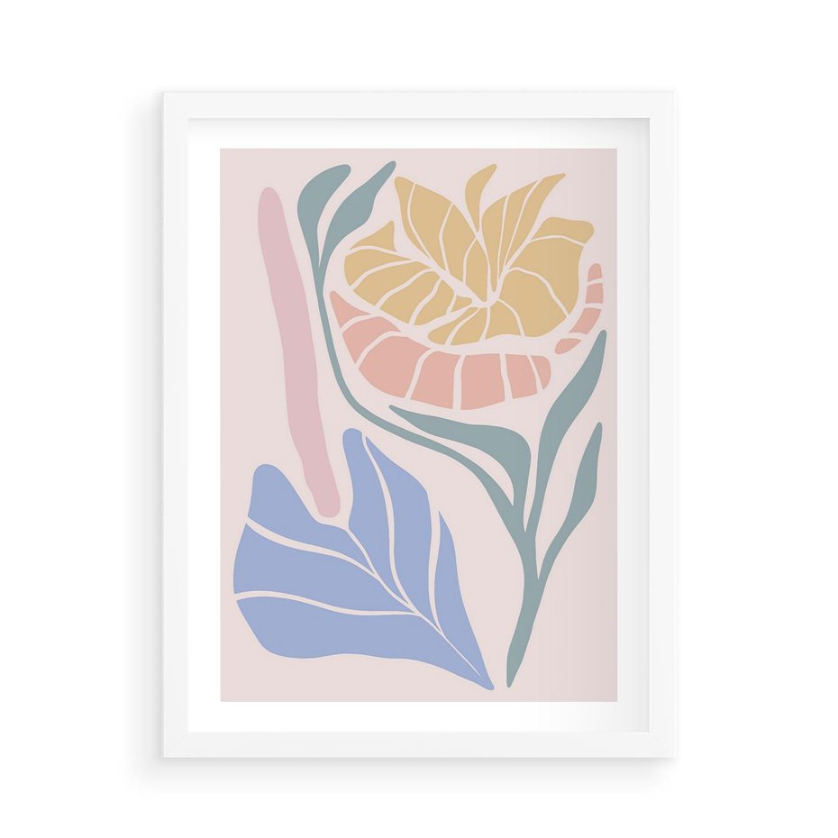Plakat w ramie 50x70 - Kwiatowe Granice Kształtów - nowoczesny plakat, kwiaty w pastelowych kolorach - rama biała