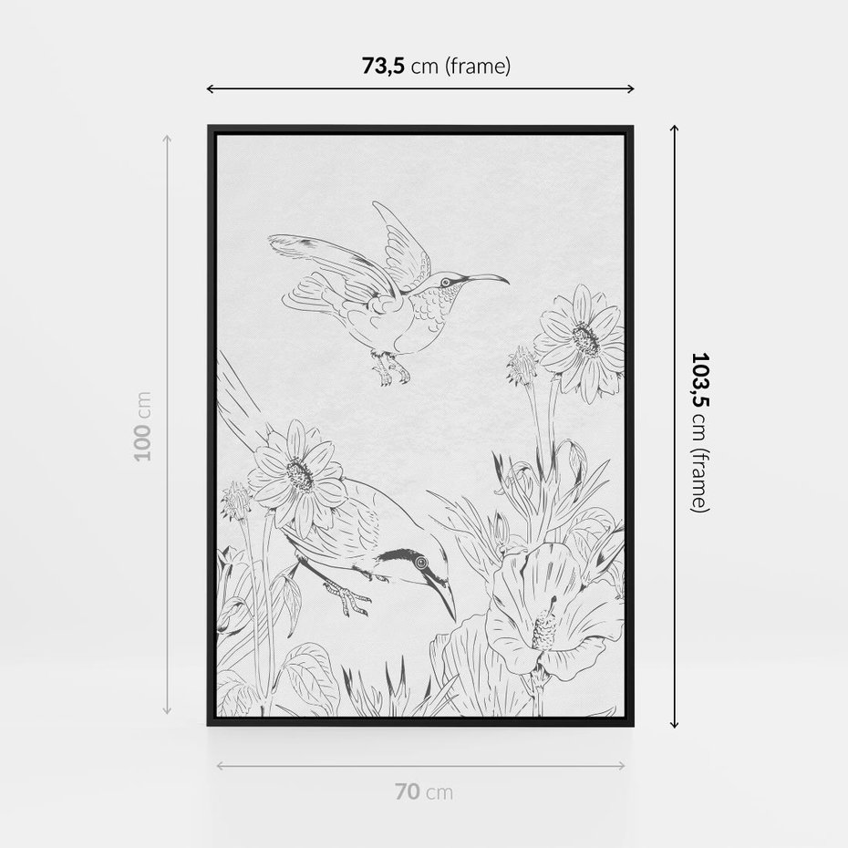 Obraz w ramie 70x100 - Tropiki w Monochromie - czarno biały szkic, tropikalne ptaki - rama czarna