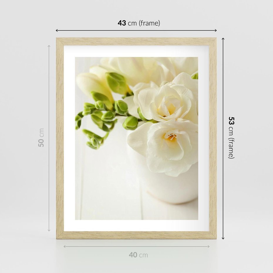 Plakat w ramie 40x50 - Subtelność białych frezji - frezja, białe - rama drewno