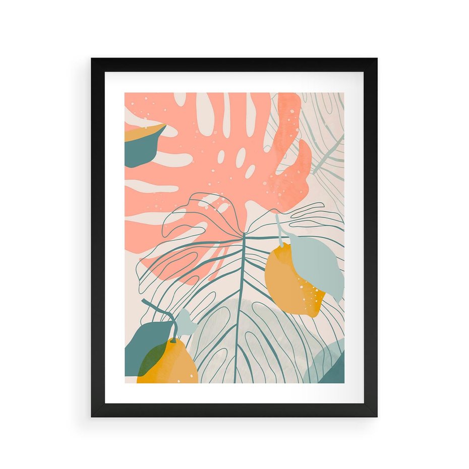 Plakat w ramie 40x50 - Sztuka Natury: Liście Monstery w Pastelach - nowoczesna grafika, pastelowe liście monstery - rama czarna