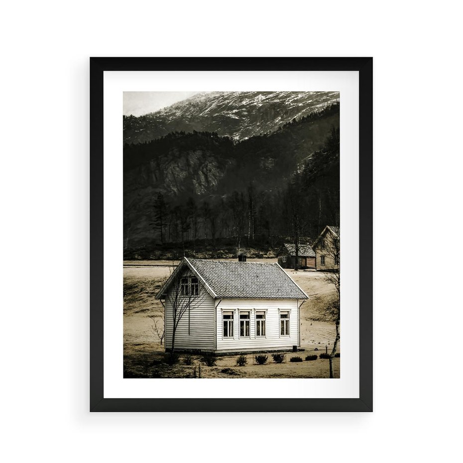 Plakat w ramie 40x50 - Ciepło i Urok Górskiego Domku - domek w górach, sepia - rama czarna