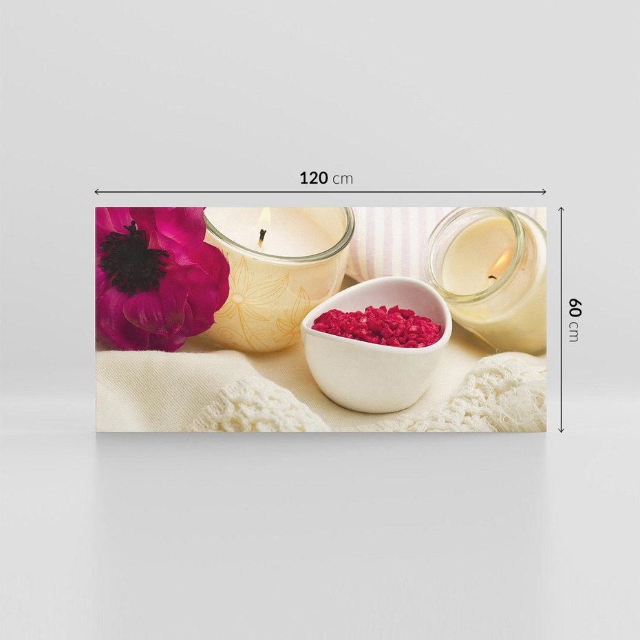 Obraz na płótnie 120x60 - Relaksujący moment: świeczki i kwiaty w SPA - świeczki, kwiat