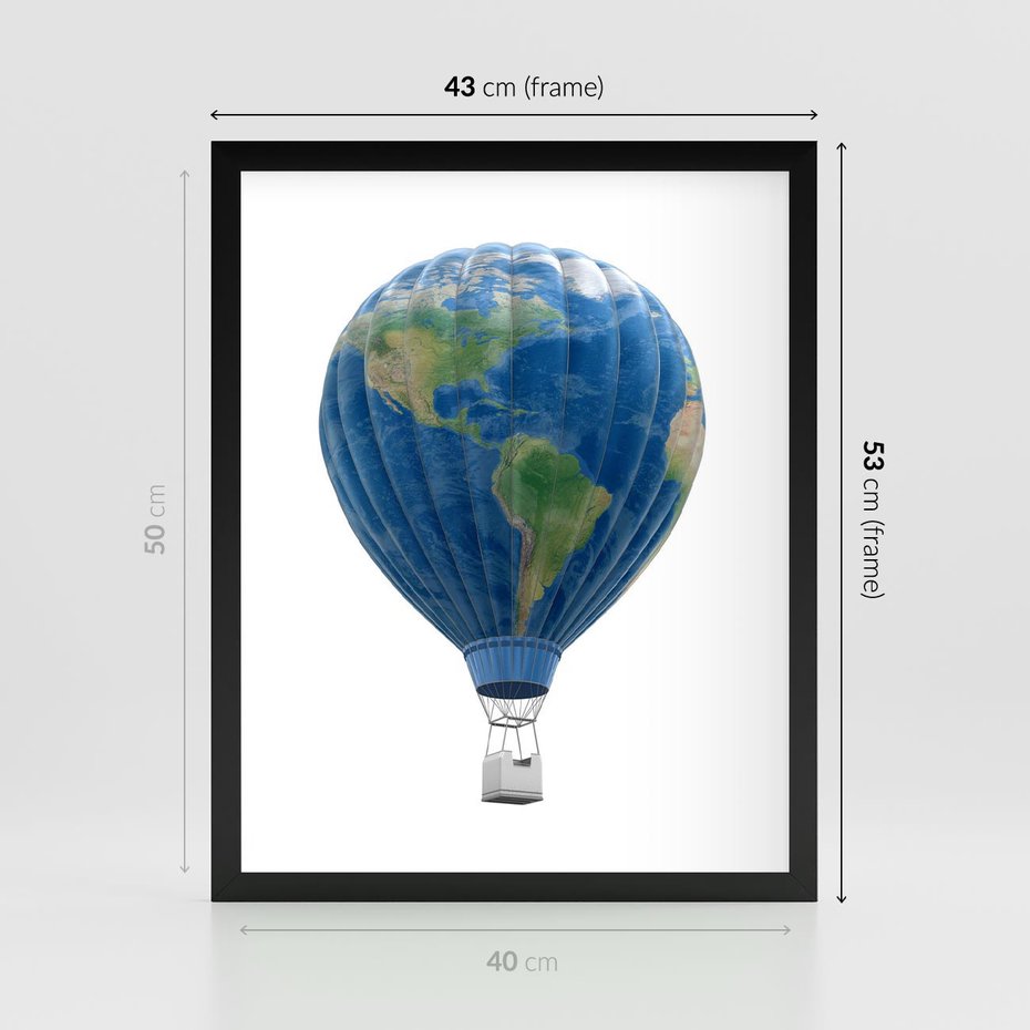 Plakat w ramie 40x50 - Podróżniczy balon nad ziemią - balon, ziemia - rama czarna
