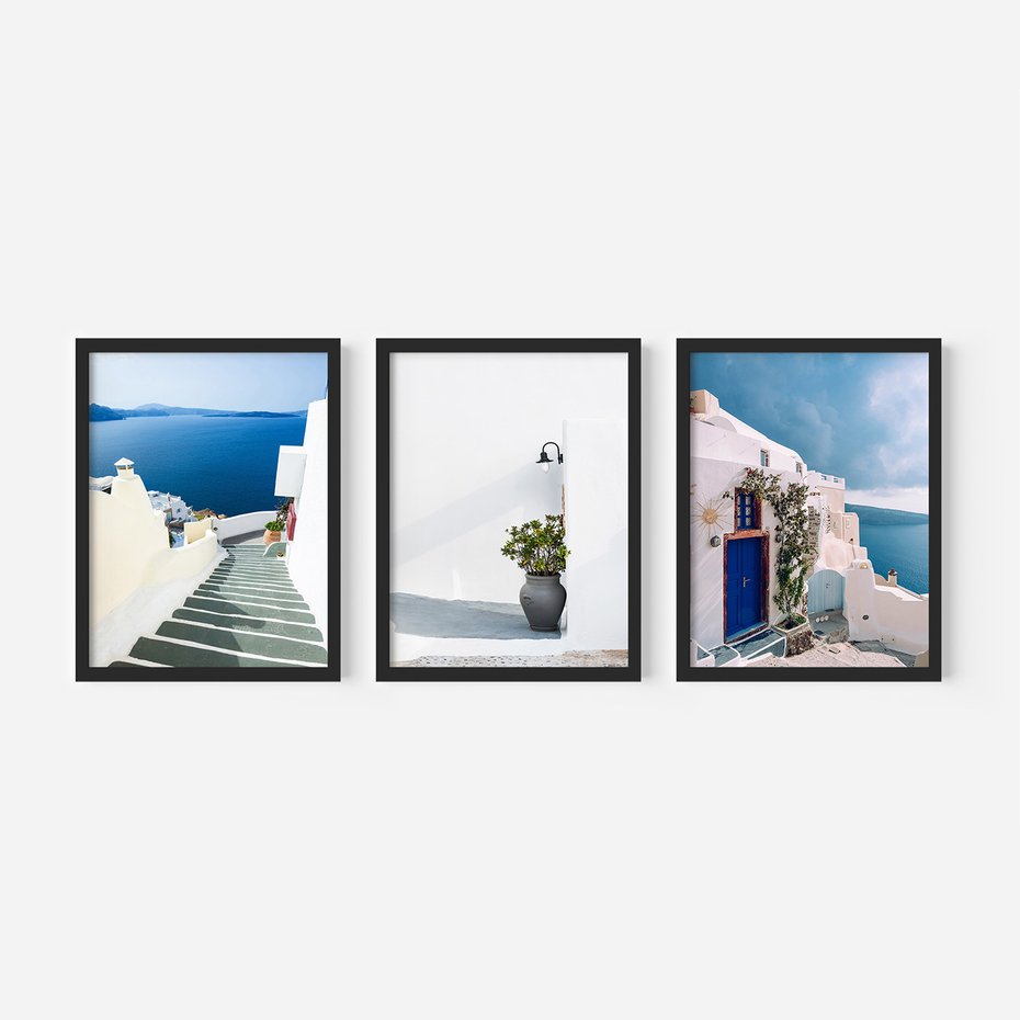 Zestaw obrazy w ramie 30x40 galeria - Santorini, białe, domki, morze - rama czarna