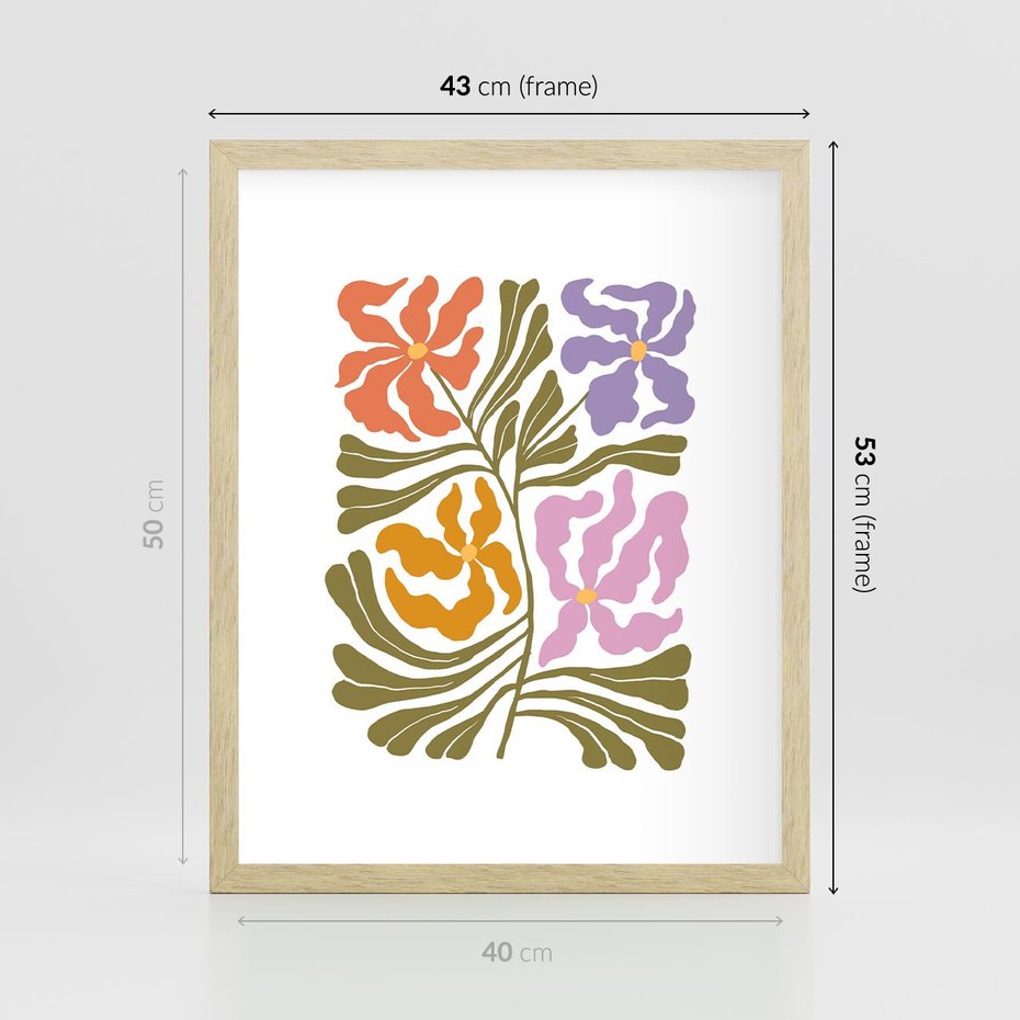 Plakat w ramie 40x50 - Rozplątane Wizje - abstrakcyjne kolorowe kwiaty, minimlizm - rama drewno