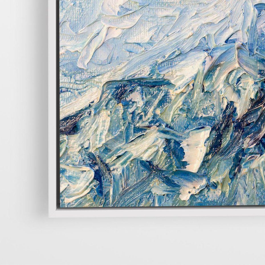 Obraz w ramie 50x50 - Majestat Błękitnych Szczytów - olejny obraz, górski pejzaż - rama biała