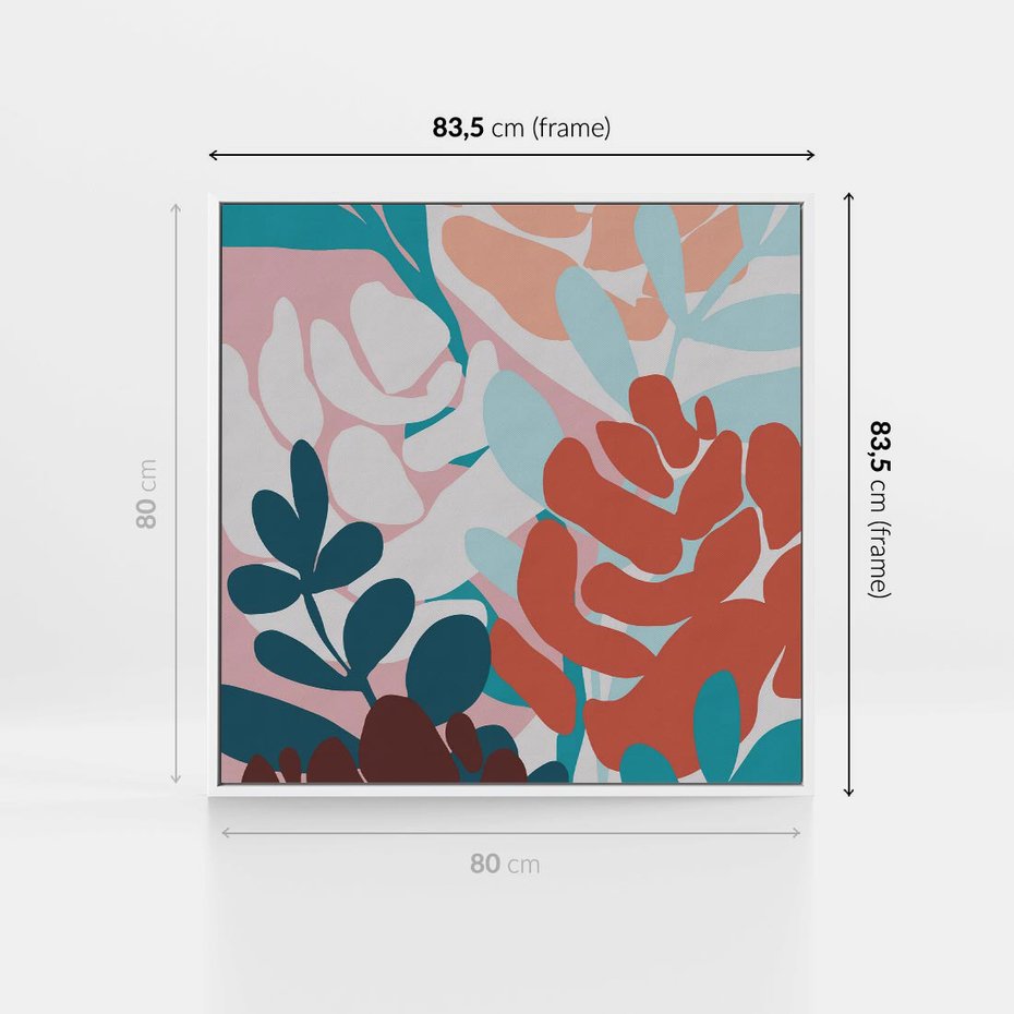 Obraz w ramie 80x80 - Impresje Kształtów - abstrakcyjna kompozycja kwiatowych form, kolor zgaszone - rama biała