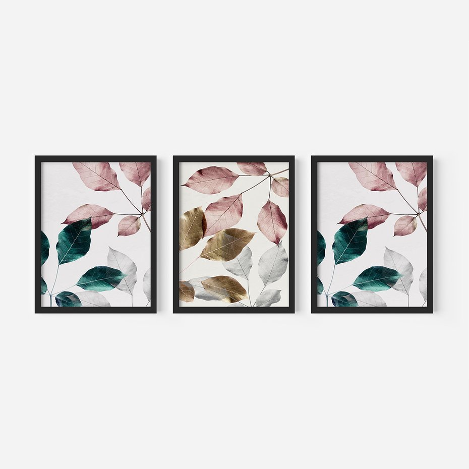 Zestaw obrazy w ramie 50x70 galeria - Liście, srebrne, złote, minimalizm - rama czarna