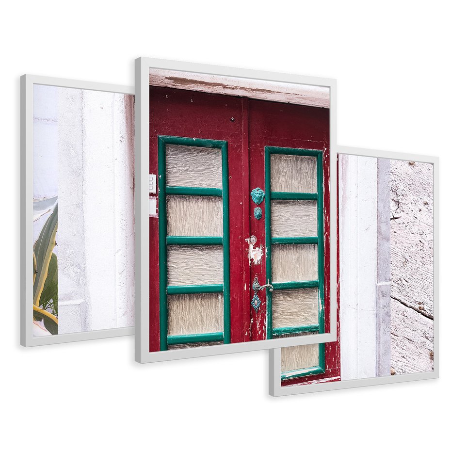Zestaw obrazy w ramie 50x70 galeria - Stare, drzwi, liście, sanseweria - rama biała